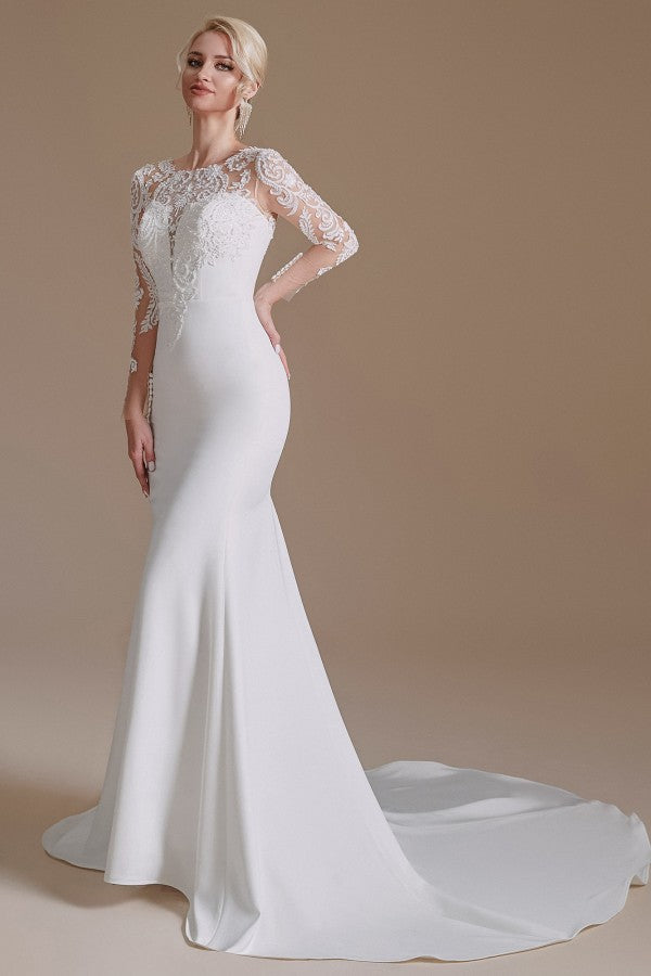 Jewel Neck Satin Lace Long Sleeve Mermaid Wedding Dress BM bride