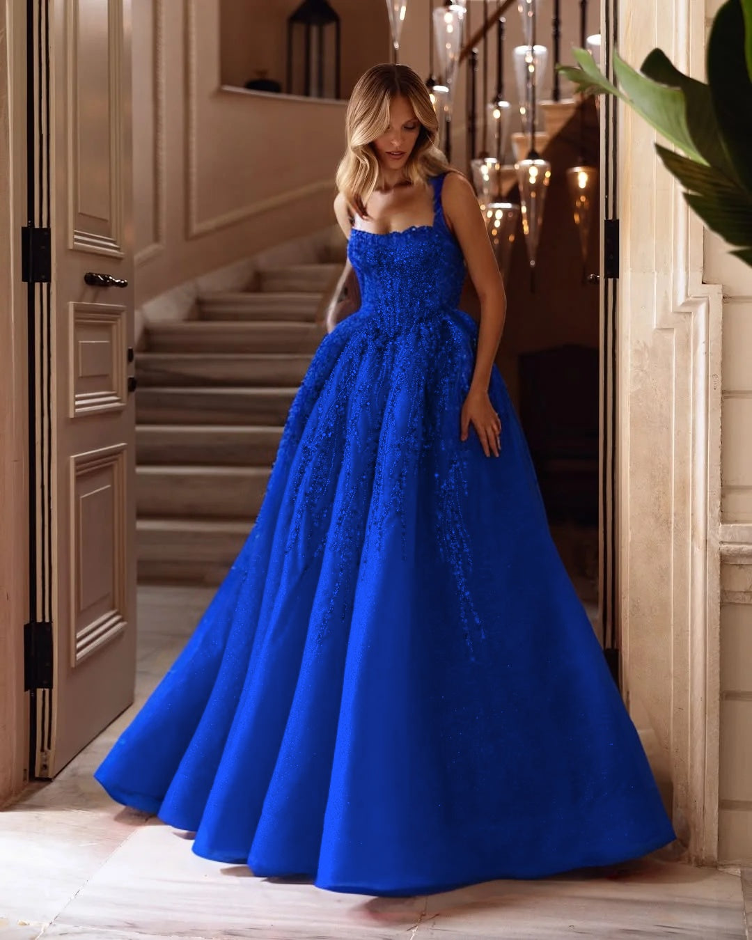 Spaghetti Strap Sleeveless Long A Line Prom Dress With Beading