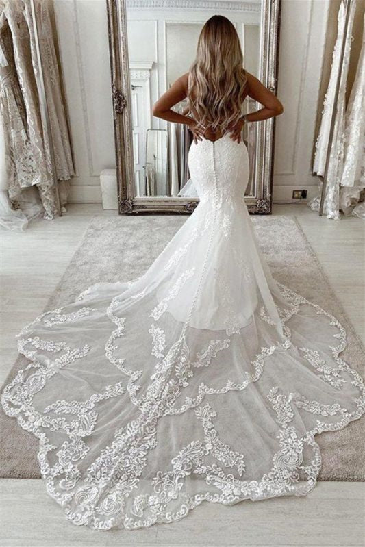 Sleeveless Long Mermaid Wedding Dress with Lace Appliques BM bride