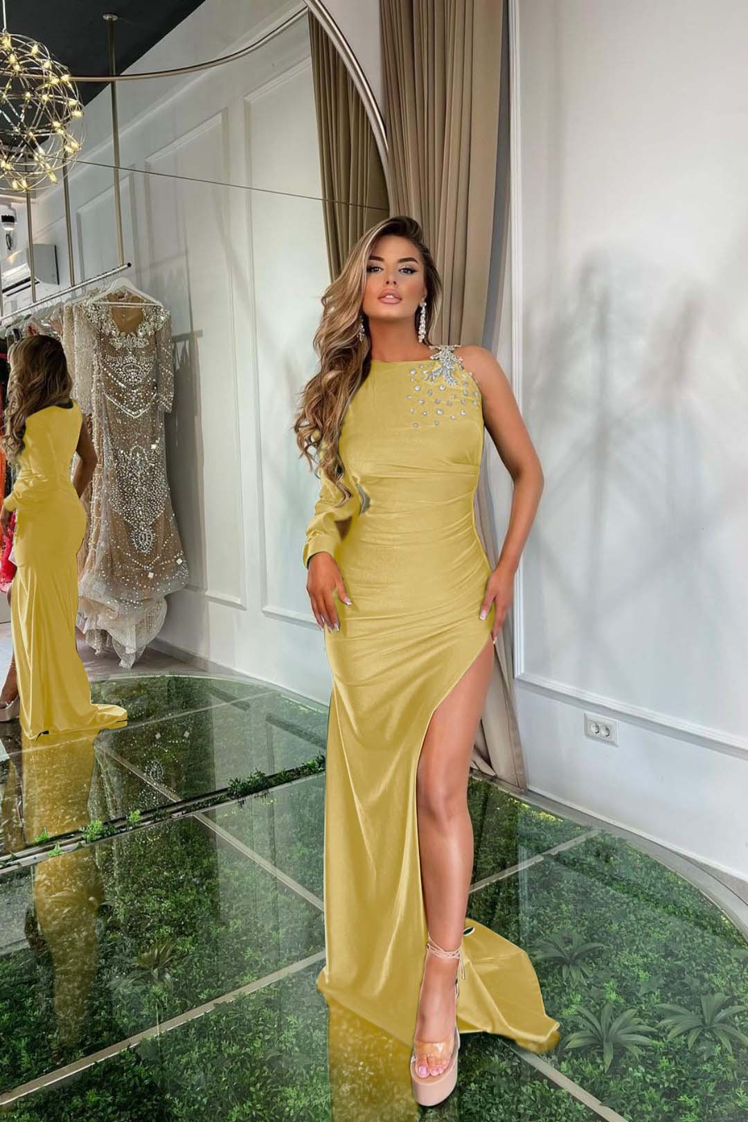 Green Satin With Split Prom Dress One Shoulder One Long Sleeve BMBRIDE