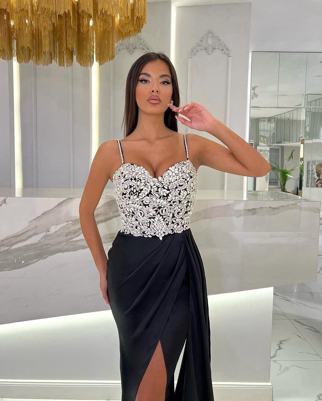 Prom Dress Baby Blue With High Slit Spaghetti Strap Sweetheart Appliques BMBRIDE