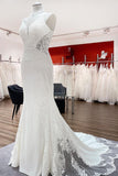 Sweetheart Long Mermaid Spaghetti Strap Open Back Wedding Dress with Lace and Satin BM bride
