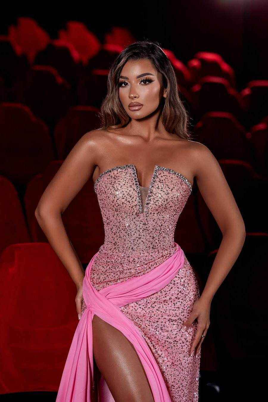 Sequins Sleeveless Strapless Long Mermaid Prom Dress With Split