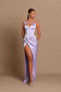 Purple Mermaid Spaghetti Strap Sleeveless Pleated Prom Dress With Split For Prom