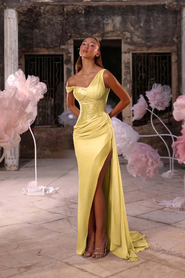 Sleeveless One Shoulder Long Split Prom Dress With Pleated Sequin BMBRIDE
