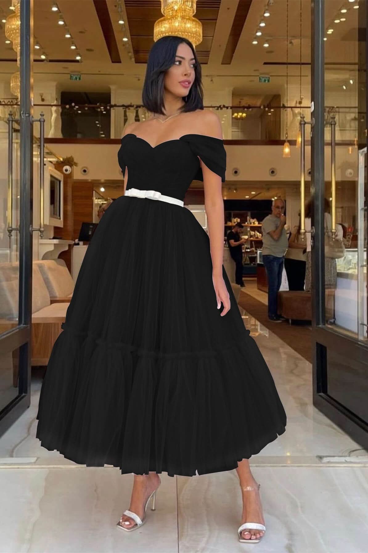 Light Pink Sweetheart Off-The-Shoulder Tulle Prom Dress with Belts BM bride