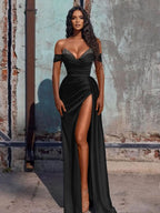 Dusty Blue Off-the-Shoulder Mermaid Prom Dress with Slit BM bride