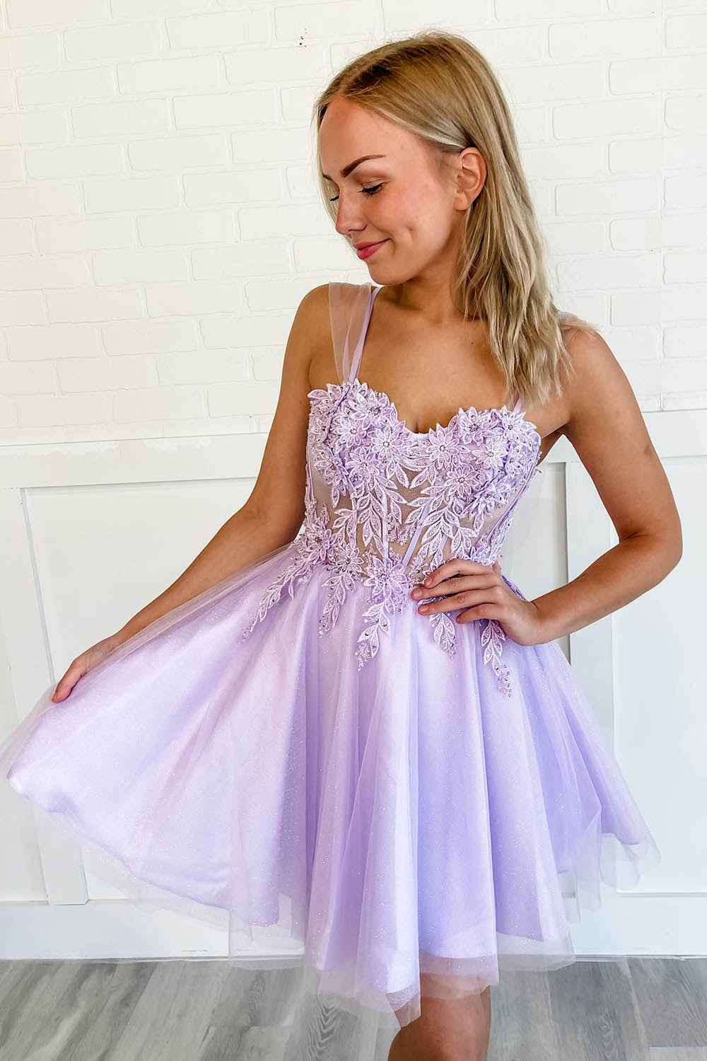 Purple Corset A-Line Tulle Short Flower Homecoming Dress with Lace Bmbride