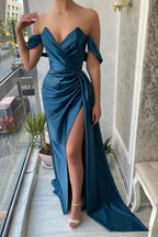 Navy Off-The-Shoulder Mermaid Evening Dress with Split BM bride
