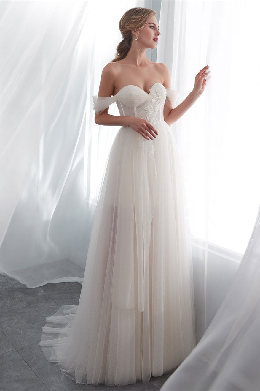 Long Off-the-Shoulder Tulle Wedding Dress BM bride