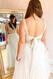 Deep V-neck Spaghetti Straps A-Line Wedding Dress With Open Back Tulle Train BM bride