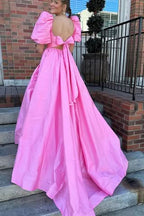 Charming Square Neck Fuchsia Puff Sleeves A-Line Prom Dress BM bride