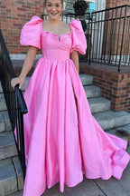 Charming Square Neck Fuchsia Puff Sleeves A-Line Prom Dress BM bride