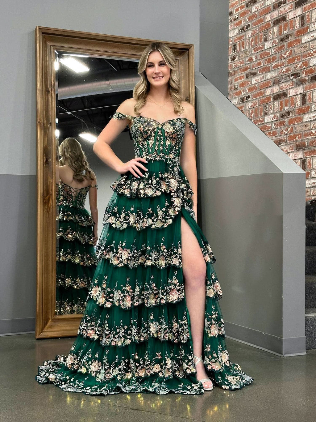 Dazzling Green Crystal Sequins Princess A-Line Off the Shoulder Prom Dress with Lace Ruffles BM bride