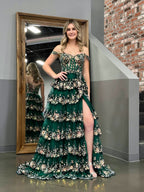 Dazzling Green Crystal Sequins Princess A-Line Off the Shoulder Prom Dress with Lace Ruffles BM bride