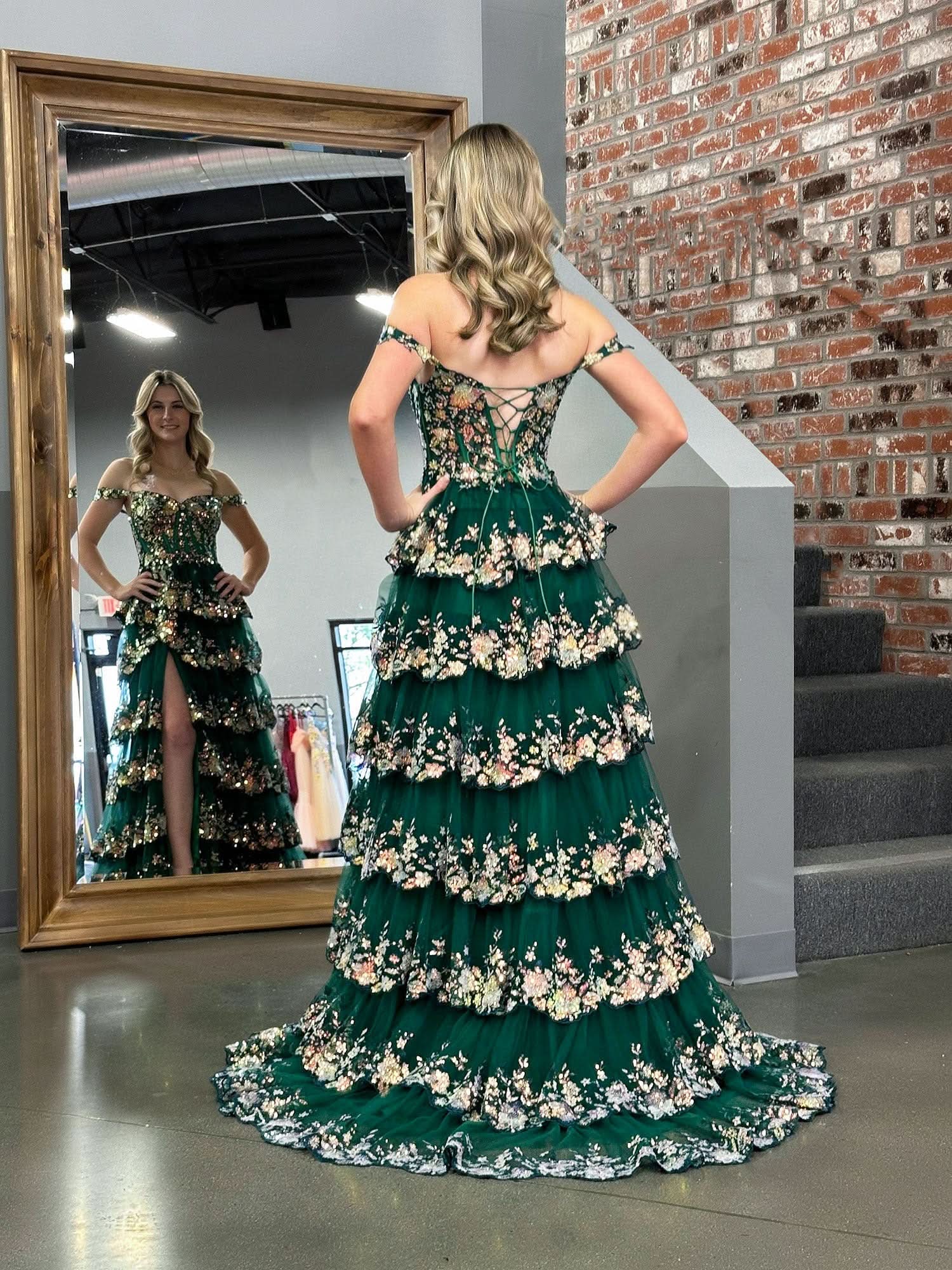 Dazzling Green Crystal Sequins Princess A-Line Off the Shoulder Prom Dress with Lace Ruffles BM bride