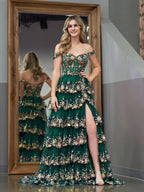 Dazzling Green Crystal Sequins Princess A-Line Off the Shoulder Prom Dress with Lace Ruffles BM bride