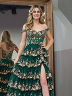 Dazzling Green Crystal Sequins Princess A-Line Off the Shoulder Prom Dress with Lace Ruffles BM bride
