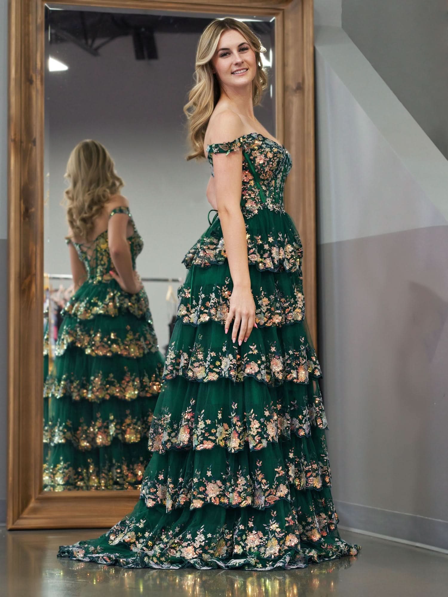Dazzling Green Crystal Sequins Princess A-Line Off the Shoulder Prom Dress with Lace Ruffles BM bride