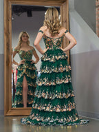 Dazzling Green Crystal Sequins Princess A-Line Off the Shoulder Prom Dress with Lace Ruffles BM bride
