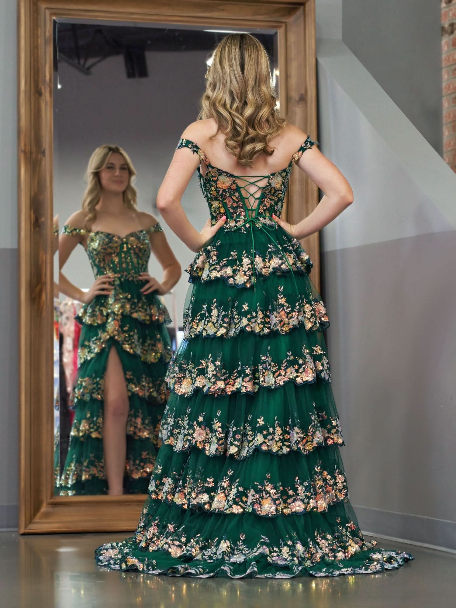 Dazzling Green Crystal Sequins Princess A-Line Off the Shoulder Prom Dress with Lace Ruffles BM bride