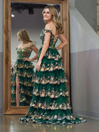 Dazzling Green Crystal Sequins Princess A-Line Off the Shoulder Prom Dress with Lace Ruffles BM bride