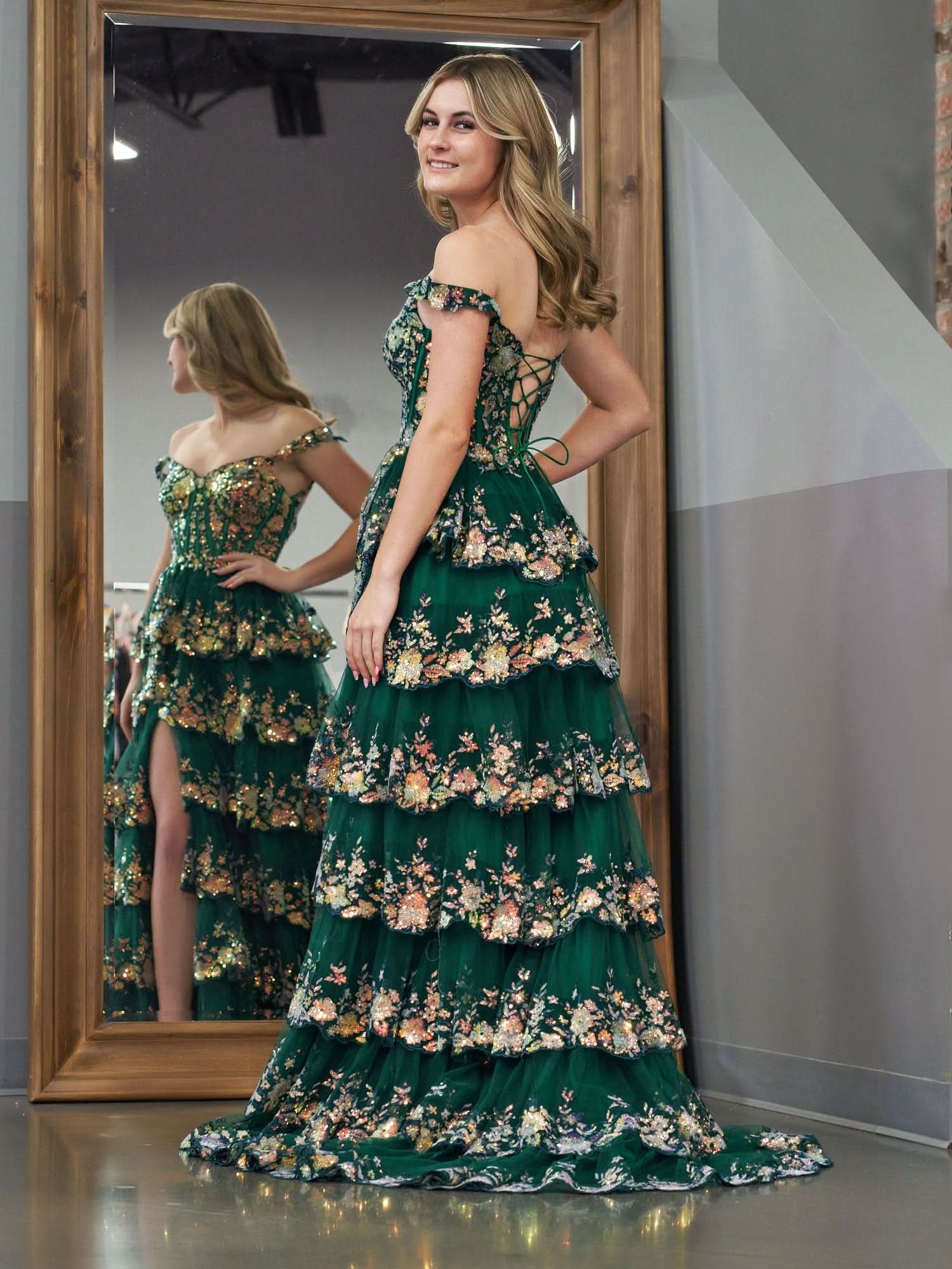 Dazzling Green Crystal Sequins Princess A-Line Off the Shoulder Prom Dress with Lace Ruffles BM bride