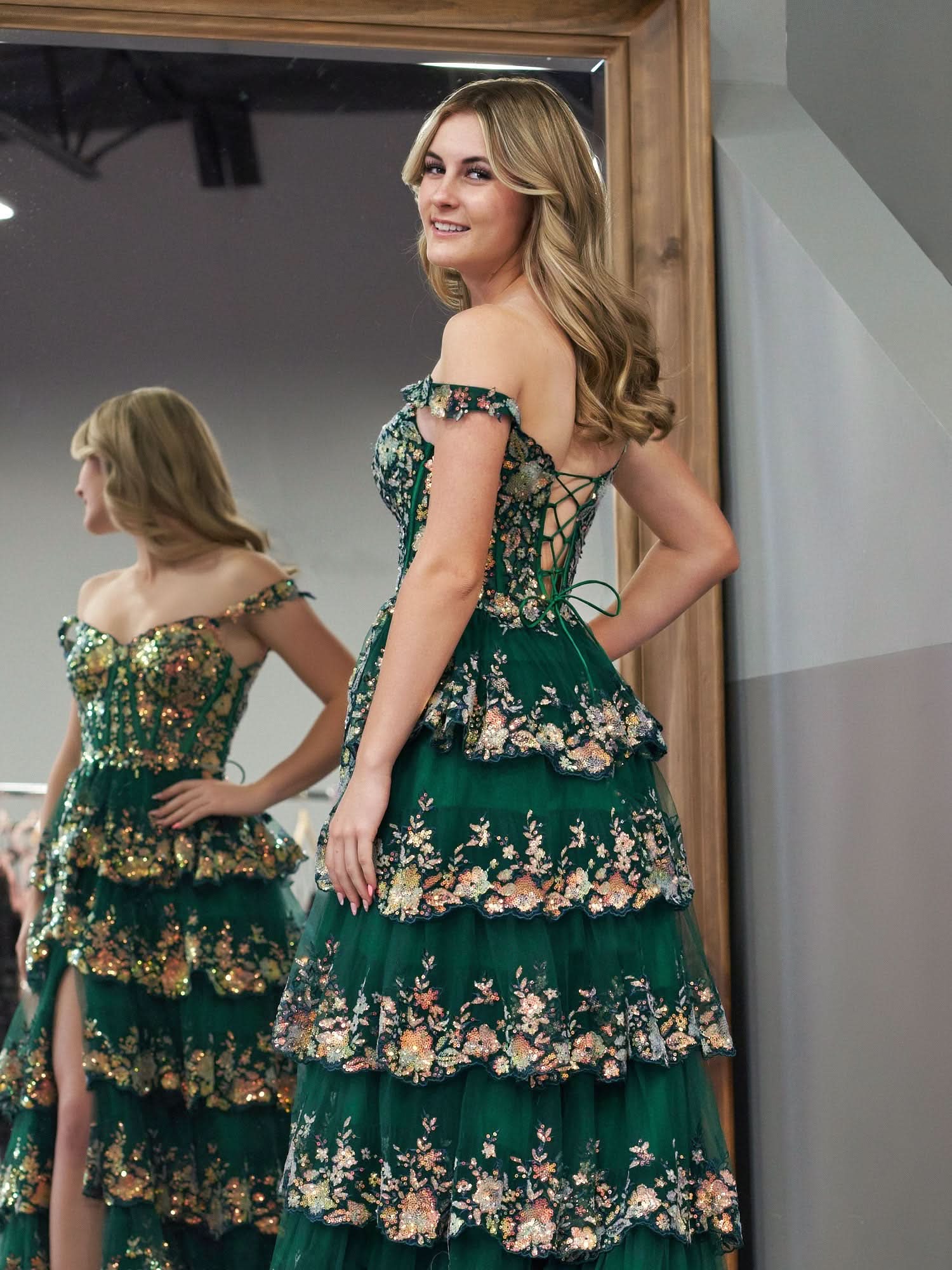 Dazzling Green Crystal Sequins Princess A-Line Off the Shoulder Prom Dress with Lace Ruffles BM bride