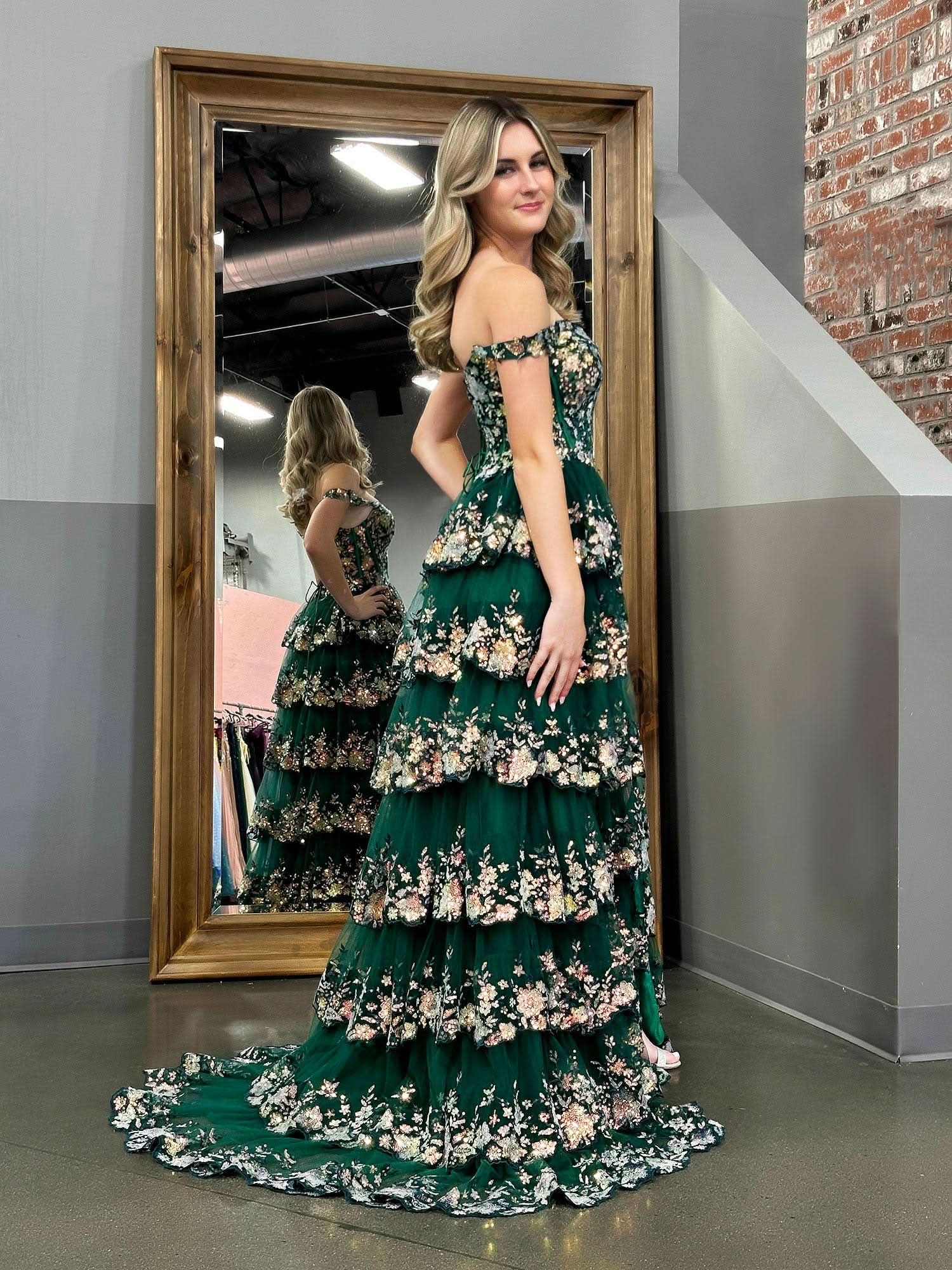 Dazzling Green Crystal Sequins Princess A-Line Off the Shoulder Prom Dress with Lace Ruffles BM bride