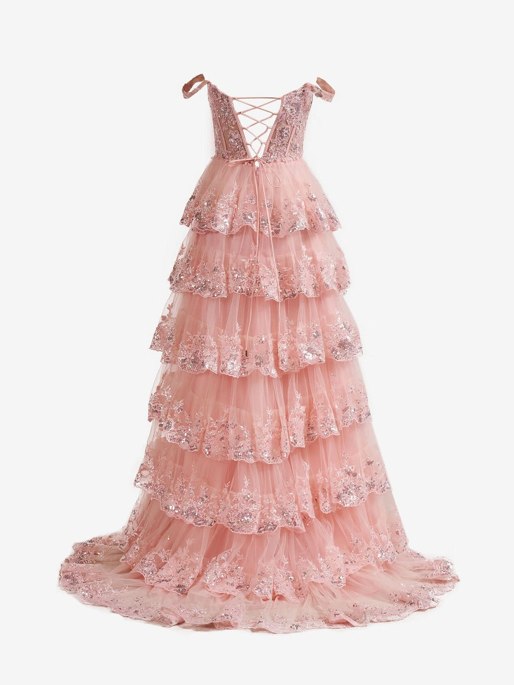 Gorgeous Pink Crystal Sequins Princess A-Line Off-the-Shoulder Prom Dress with Lace Ruffles BM bride