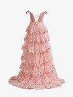 Gorgeous Pink Crystal Sequins Princess A-Line Off-the-Shoulder Prom Dress with Lace Ruffles BM bride