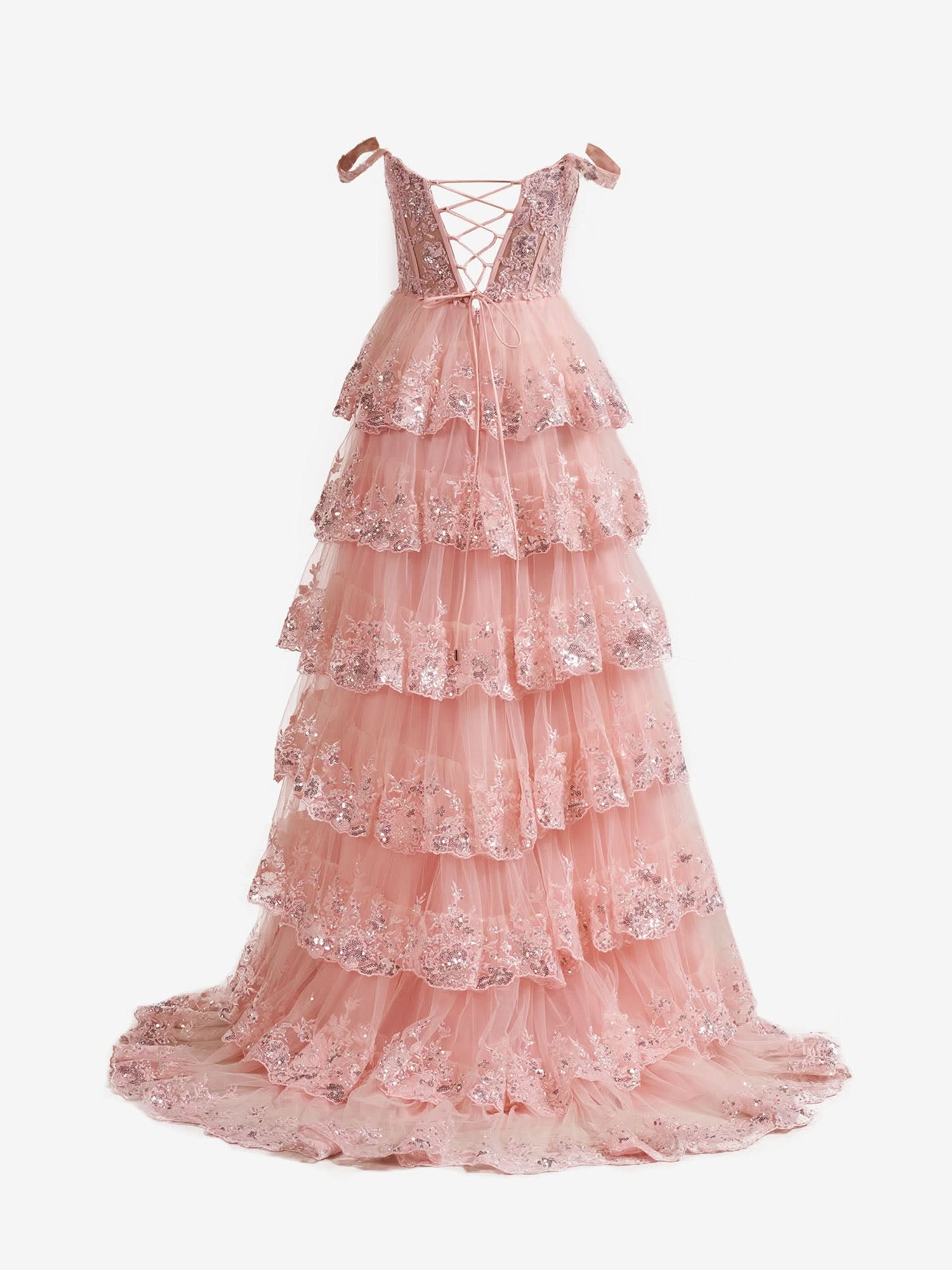 Gorgeous Pink Crystal Sequins Princess A-Line Off-the-Shoulder Prom Dress with Lace Ruffles BM bride