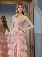 Gorgeous Pink Crystal Sequins Princess A-Line Off-the-Shoulder Prom Dress with Lace Ruffles BM bride