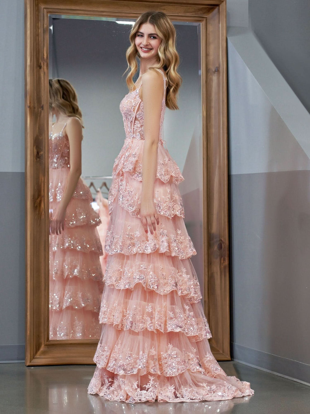 Gorgeous Pink Crystal Sequins Princess A-Line Off-the-Shoulder Prom Dress with Lace Ruffles BM bride