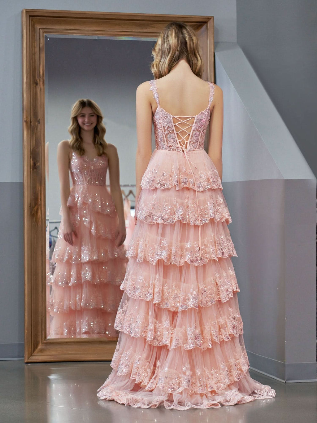 Lovely Pink Princess A-Line Off-the-Shoulder Corset Prom Dress with Lace Ruffles BM bride