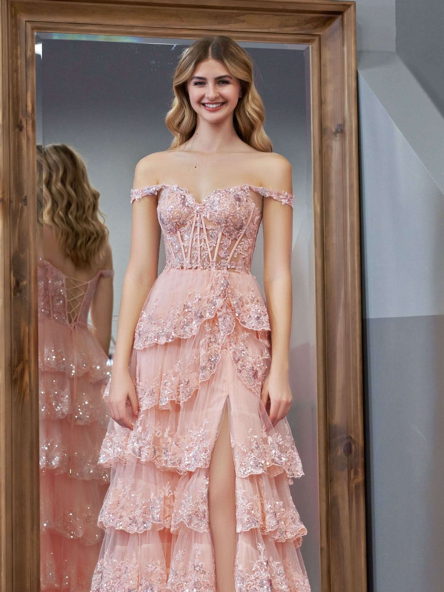 Lovely Pink Princess A-Line Off-the-Shoulder Corset Prom Dress with Lace Ruffles BM bride