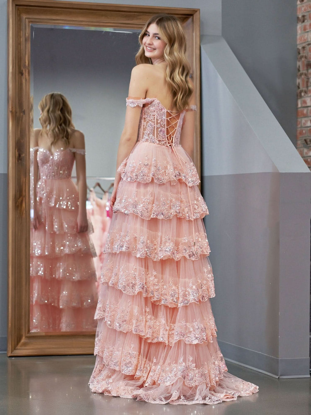 Gorgeous Pink Crystal Sequins Princess A-Line Off-the-Shoulder Prom Dress with Lace Ruffles BM bride