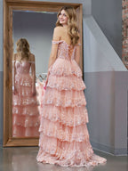 Lovely Pink Princess A-Line Off-the-Shoulder Corset Prom Dress with Lace Ruffles BM bride