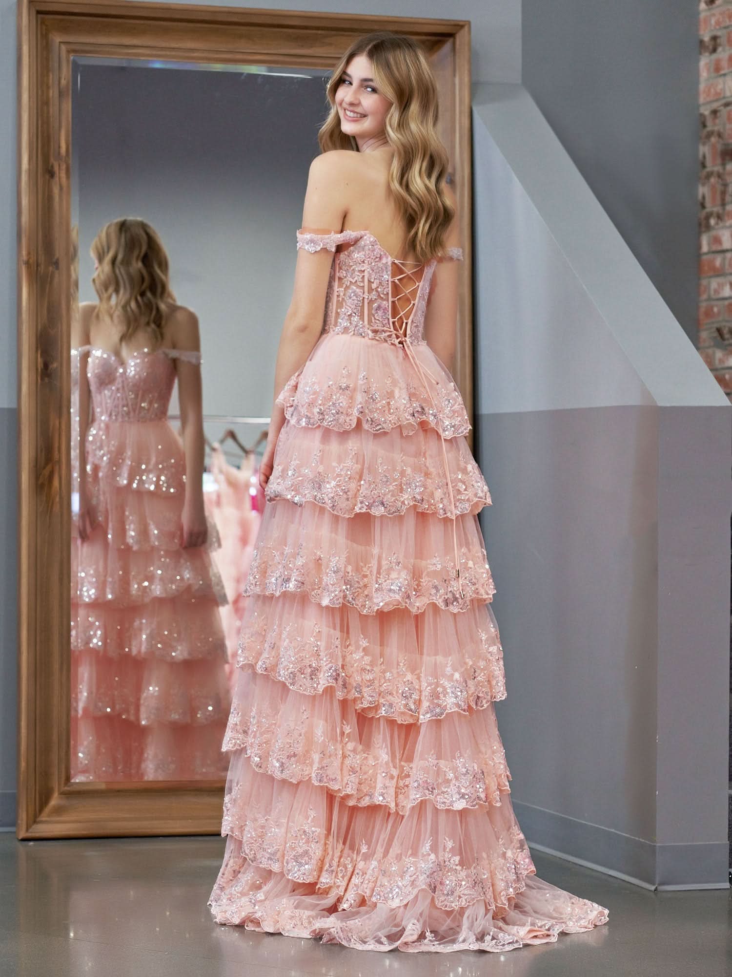 Lovely Pink Princess A-Line Off-the-Shoulder Corset Prom Dress with Lace Ruffles BM bride