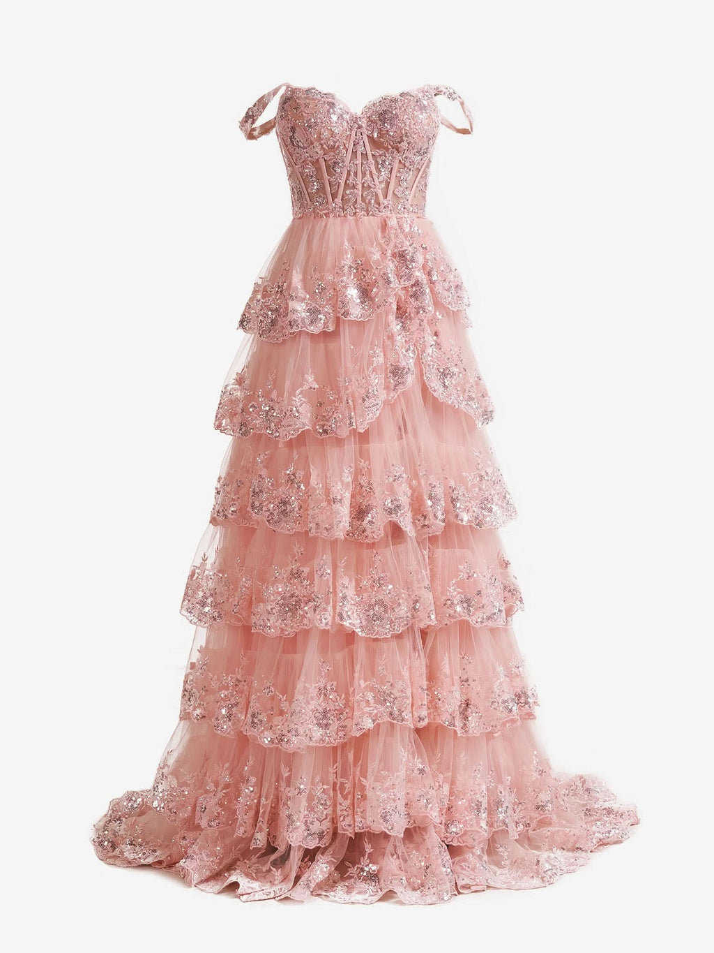 Gorgeous Pink Crystal Sequins Princess A-Line Off-the-Shoulder Prom Dress with Lace Ruffles BM bride