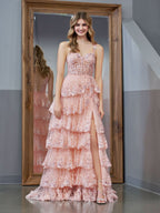 Lovely Pink Princess A-Line Off-the-Shoulder Corset Prom Dress with Lace Ruffles BM bride