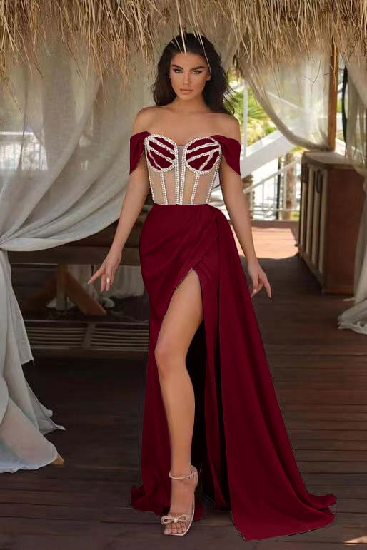 Champagne Ruffles Mermaid Prom Dress Beadings Split With Off the Shoulder