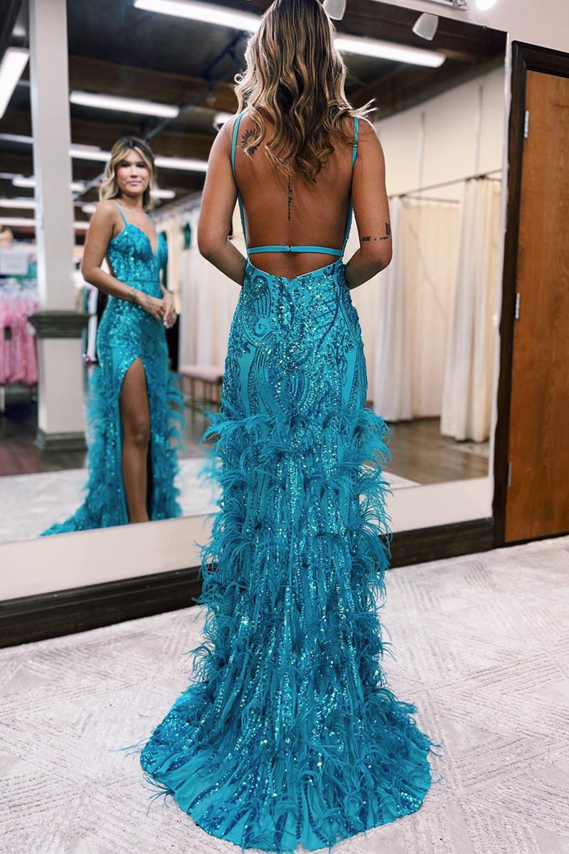 Beautiful Jade Sequin Lace V Neck Mermaid Prom Dress with Slit BM bride