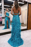 Beautiful Jade Sequin Lace V Neck Mermaid Prom Dress with Slit BM bride