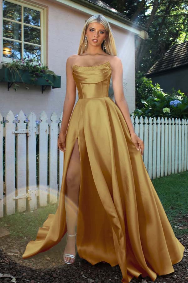 Strapless Sleeveless A Line Long Prom Dress With Split Pleated BMBRIDE