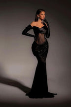 Chic Black Strapless Slimming Long Mermaid Prom Dress with Gloves BM bride