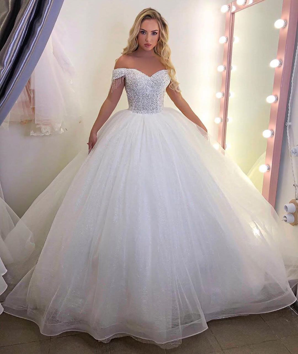 Long Princess Off-the-Shoulder Wedding Dress with Tulle BM bride