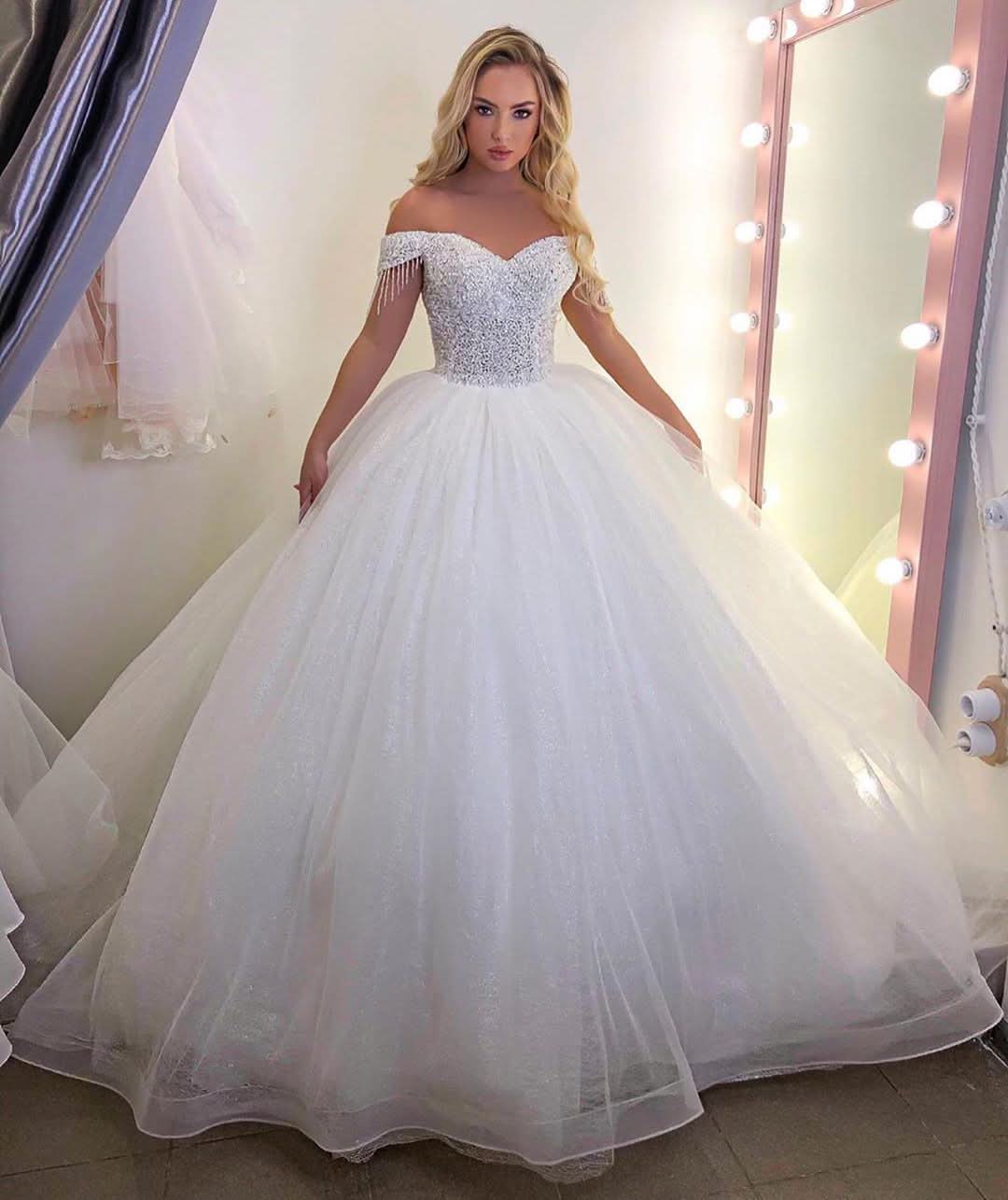 Long Princess Off-the-Shoulder Wedding Dress with Tulle BM bride
