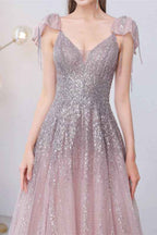 Elegant Pink And Grey A Line Prom Dress With Sequins Sleeveless