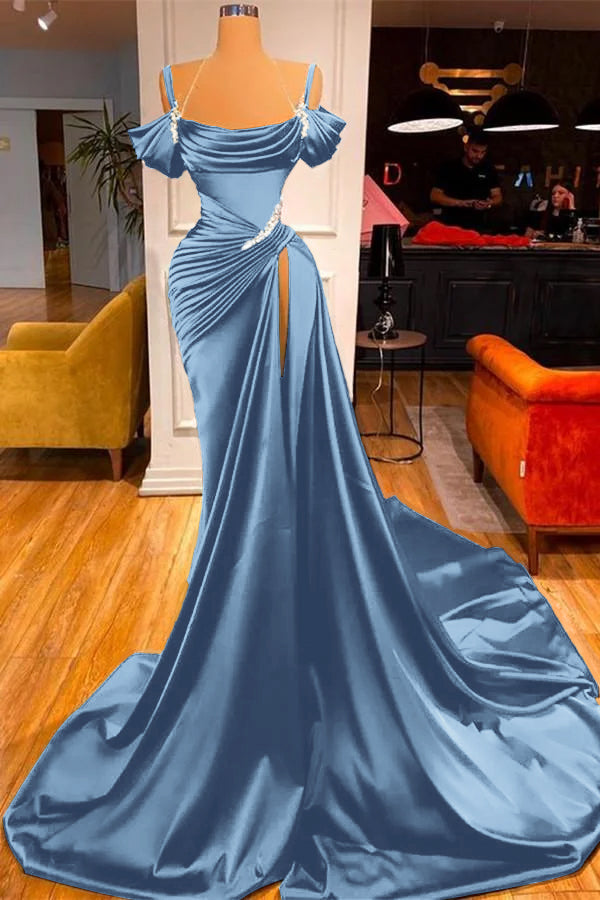 Green Chic Off the Shoulder Beadings Pleated Prom Dress Long With High Split BMBRIDE